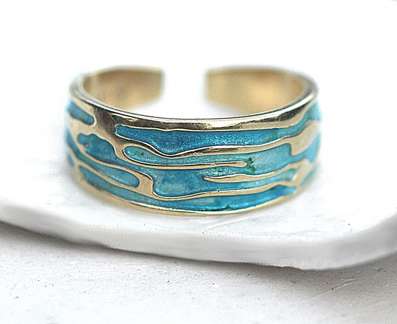 Ocean Ring. 18k gold plated sterling silver. Enamel in shades of turquoise. Unique handmade ring for women. Waterproof. image 2