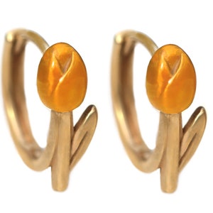New: Tulip huggie earrings in color of your choice. Gold vermeil over sterling silver and enamel. Unique handmade nature jewelry for her. orange
