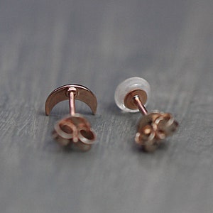 Tiny Rose Gold moon & glass opal stud earrings. Mismatched dainty earrings for her. Sterling rose gold plated. image 5