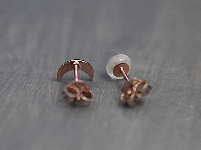 Tiny Rose Gold moon & glass opal stud earrings. Mismatched dainty earrings for her. Sterling rose gold plated. image 5