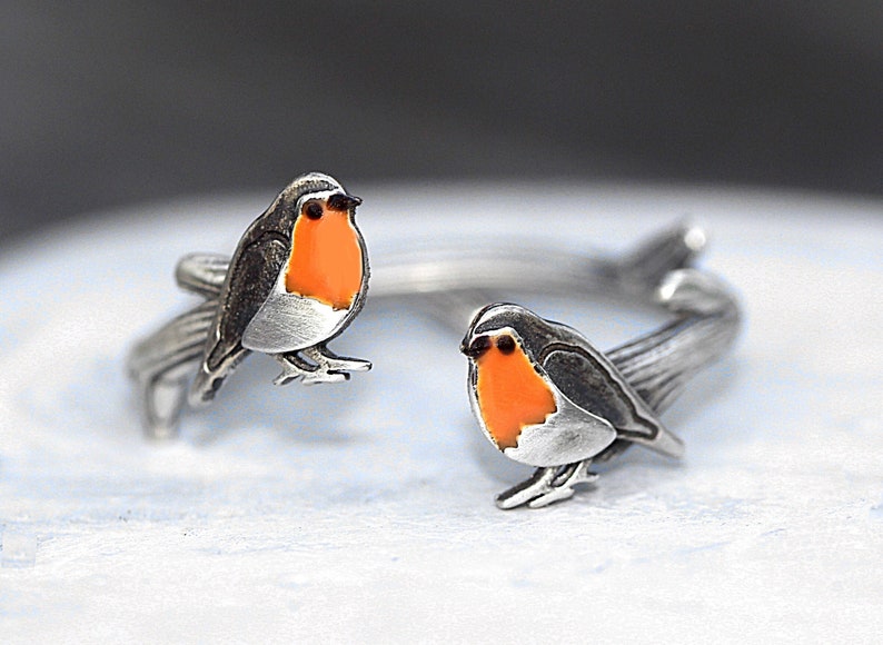 Red Robin open ring. Sterling silver and orange enamel. Unique nature inspired bird ring for her. image 1