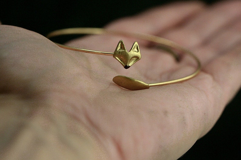 Delicate hand gilded fox bangle. Fox and tail, hand gilded and enameled. Adjustable wrap bangle. image 3