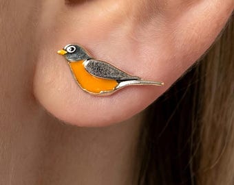 925 Silber Vogel Ohrstecker Orange Emaille Kleine Vogel Ohrringe
