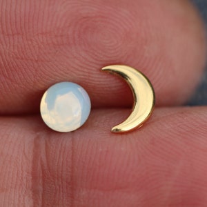 Tiny Gold moon & glass opal stud earrings. Mismatched dainty earrings for her. Sterling gold plated. image 2