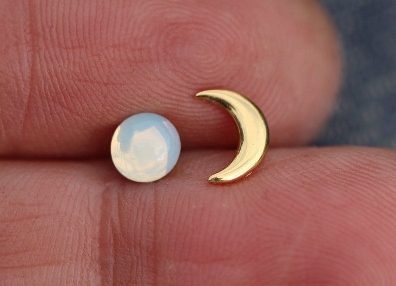 Tiny Gold moon & glass opal stud earrings. Mismatched dainty earrings for her. Sterling gold plated. image 2