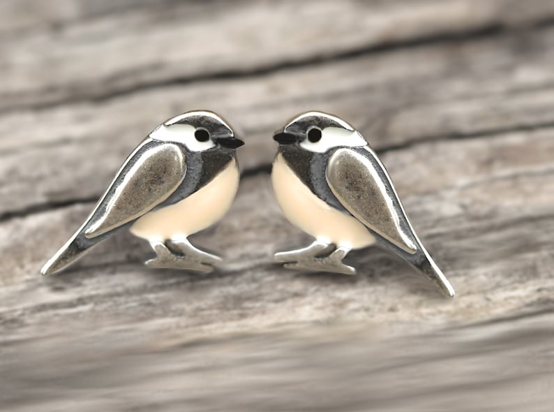 Puede incluir: Un par de pendientes de plata en forma de p&aacute;jaro con ojos negros y alas blancas y grises. Los p&aacute;jaros se miran.