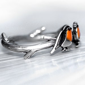 Red Robin open ring. Sterling silver and orange enamel. Unique nature inspired bird ring for her. image 8