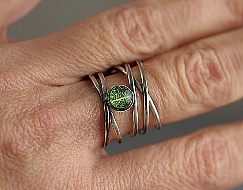 Nature inspired gift for her. Adjustable Sterling Silver ring with real leaf Multiple bands with tiny leaf in resin and glass