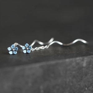 Tiny silver Forget me Not earrings. Dainty sterling threader earrings with light blue enameled blossom. Threader Stud earring for her.