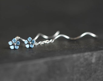 Tiny silver Forget me Not earrings. Dainty sterling threader earrings with light blue enameled blossom. Threader Stud earring for her.