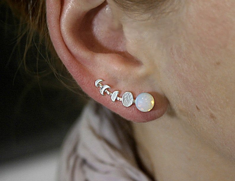 Moon Phase ear climbers. Ear crawler with glass opal. Silver ear climber waning and waxing moon. image 1