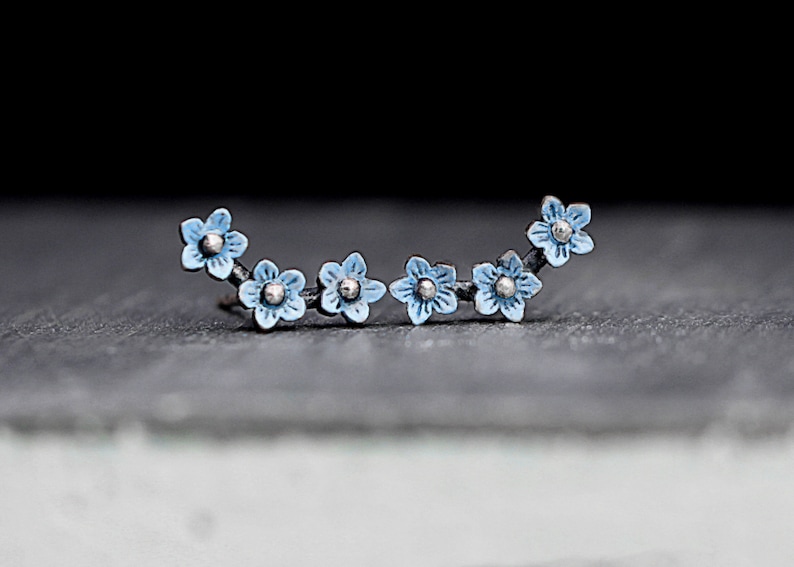 Light blue enameled dainty earrings Sterling Forget me Not stud earrings Bridesmaid earrings. Partly oxidized