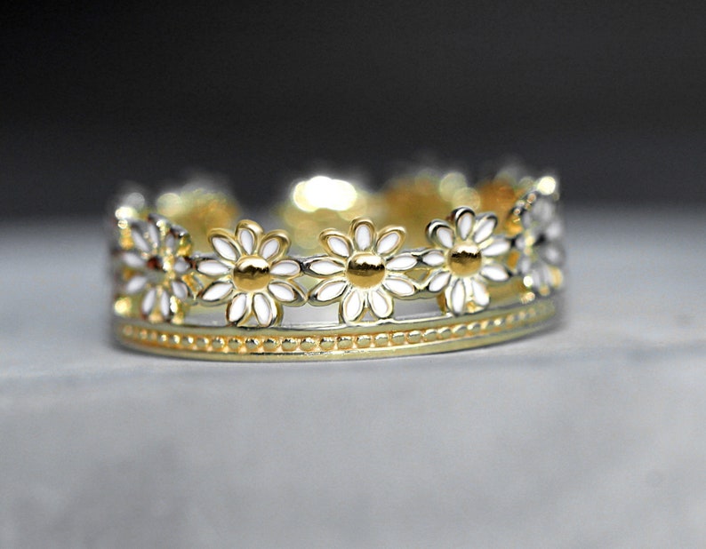 Daisy Ring. Gold over sterling and white enamel. Dainty adjustable flower ring. Stackable. Best gifts for her. Unique jewelry. image 3