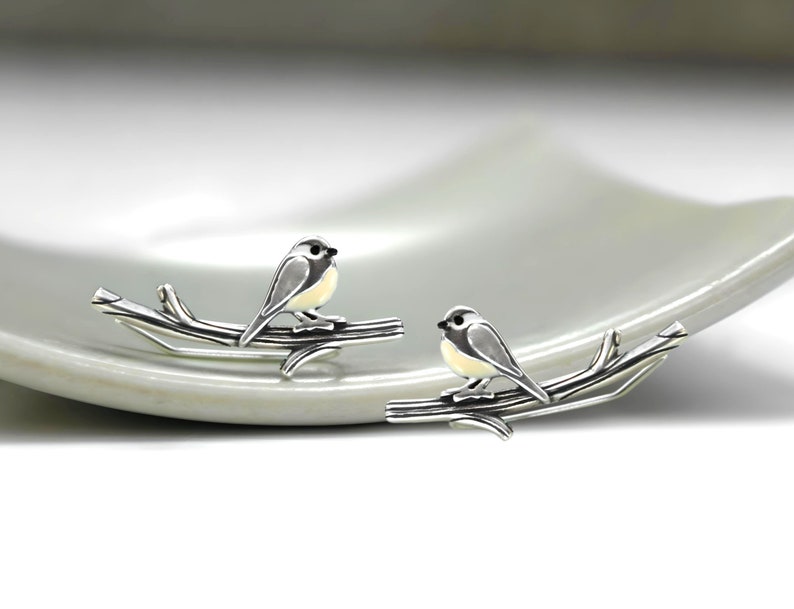 New: Chickadee bird ear climbers. Sterling Silver & enamel. Just 1 ear hole needed. Black capped chickadee. Unique gift for her. image 2