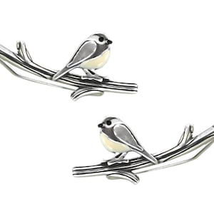 Nieuw: Chickadee vogeloorklimmers. Sterling zilver en email. Slechts 1 oorgat nodig. Mees met zwarte dop. Uniek cadeau voor haar. afbeelding 4