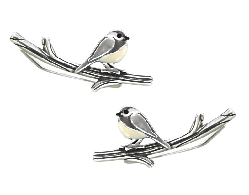 New: Chickadee bird ear climbers. Gold over Sterling Silver & enamel. Just 1 ear hole needed. Black capped chickadee. Unique gift for her. zdjęcie 6