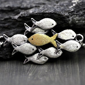 Swimming against the current silver bracelet. School of fish with one golden enameled fish swimming upstream. Gift for her. image 4