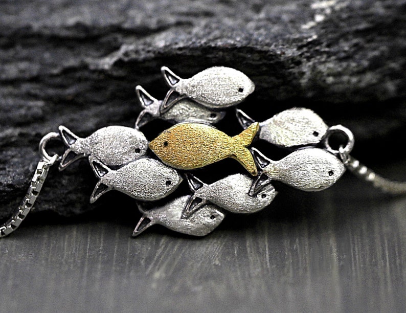 Swimming against the current silver bracelet. School of fish with one golden enameled fish swimming upstream. Gift for her. image 4