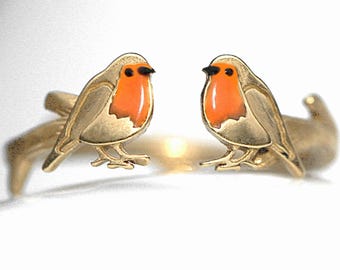 Red Robin open ring. Gold over sterling silver and orange enamel. Unique nature inspired bird ring for her.