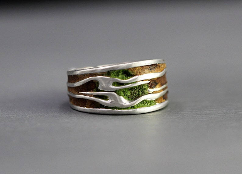 Sterling Tree Bark ring with wood and moss. Mens ring. Womens ring. Unisex. Gift for him or her. 