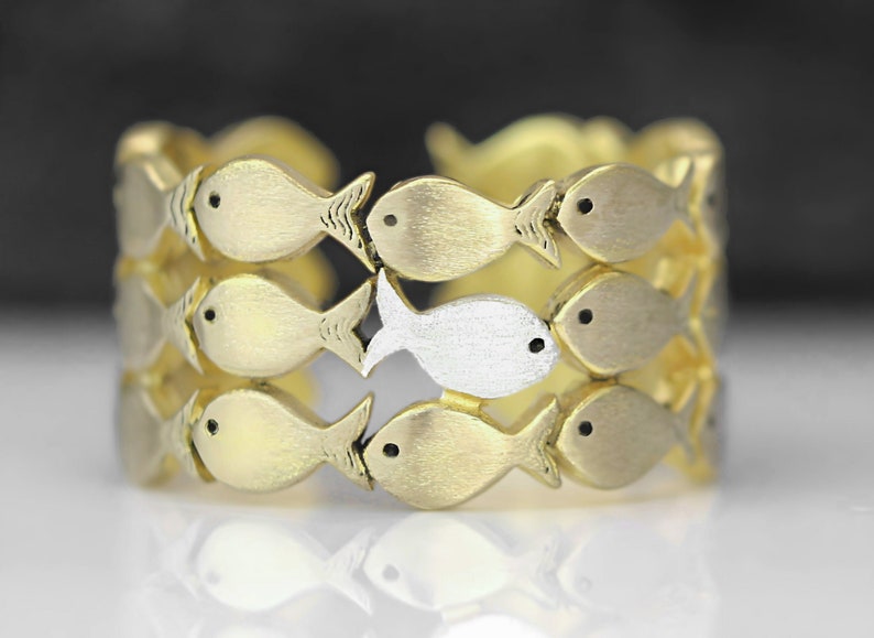 Swimming Against The Current. Sterling GOLD adjustable ring. School of fish with one silver fish swimming upstream. Best gifts for her. image 1