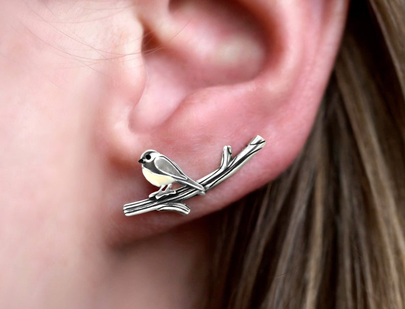 New: Chickadee bird ear climbers. Sterling Silver & enamel. Just 1 ear hole needed. Black capped chickadee. Unique gift for her. image 1