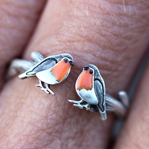 Red Robin open ring. Sterling silver and orange enamel. Unique nature inspired bird ring for her. image 4