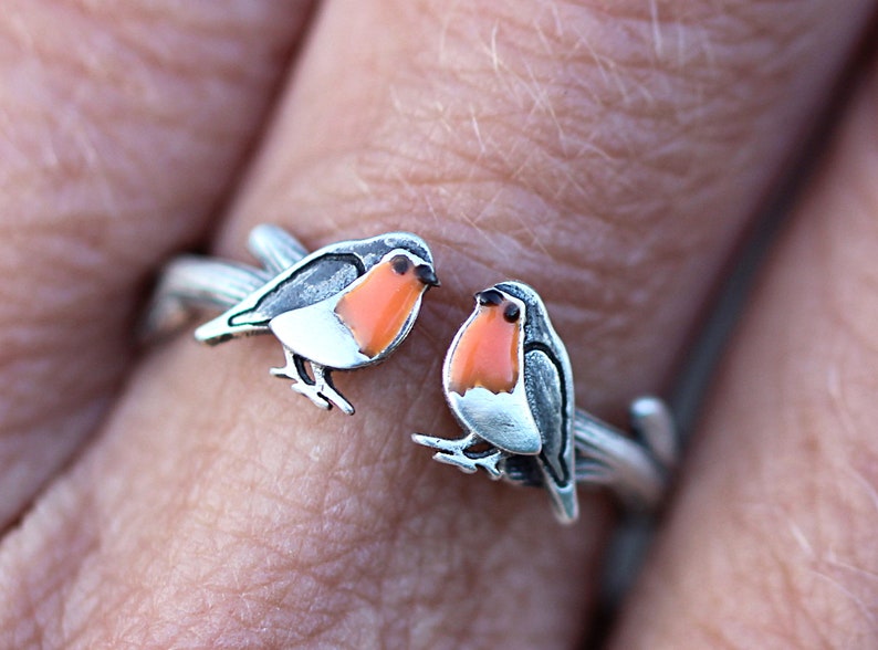 Red Robin open ring. Sterling silver and orange enamel. Unique nature inspired bird ring for her. image 4