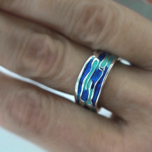 Ocean Ring. Sterling Silver ring with embedded blue turquoise waves. Enameled. Unique handmade holiday gifts. image 4