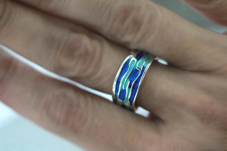 Ocean Ring. Sterling Silver ring with embedded blue turquoise waves. Enameled. Unique handmade holiday gifts. image 4