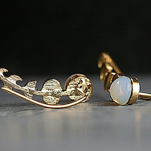 Moon Phase ear climbers. Ear crawler with glass opal. 18k gold over sterling earrings waning and waxing moon. image 5