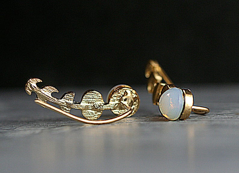 Moon Phase ear climbers. Ear crawler with glass opal. 18k gold over sterling earrings waning and waxing moon. image 5