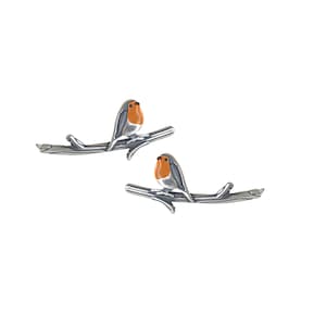 Robin Bird ear climbers. Sterling Silver and orange enamel. Just 1 ear hole needed. image 2