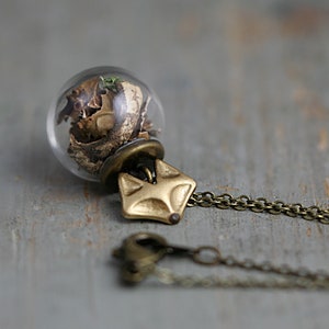 FOREST FOX Necklace. Handgilded fox head. Glass orb with real moss and tree bark. Bronze necklace. Gift for her. image 6