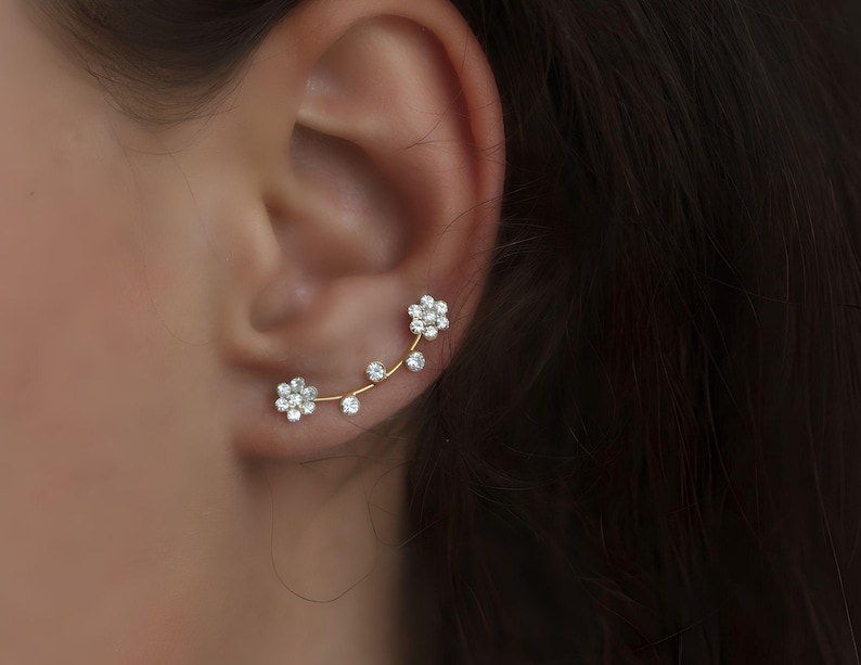 Flower ear climbers. JUST 1 EAR HOLE needed. Gold over sterling silver and cz flowers. Waterproof leightweight earrings. image 1