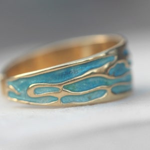 Ocean Ring. 18k gold plated sterling silver. Enamel in shades of turquoise. Unique handmade ring for women. Waterproof. image 3