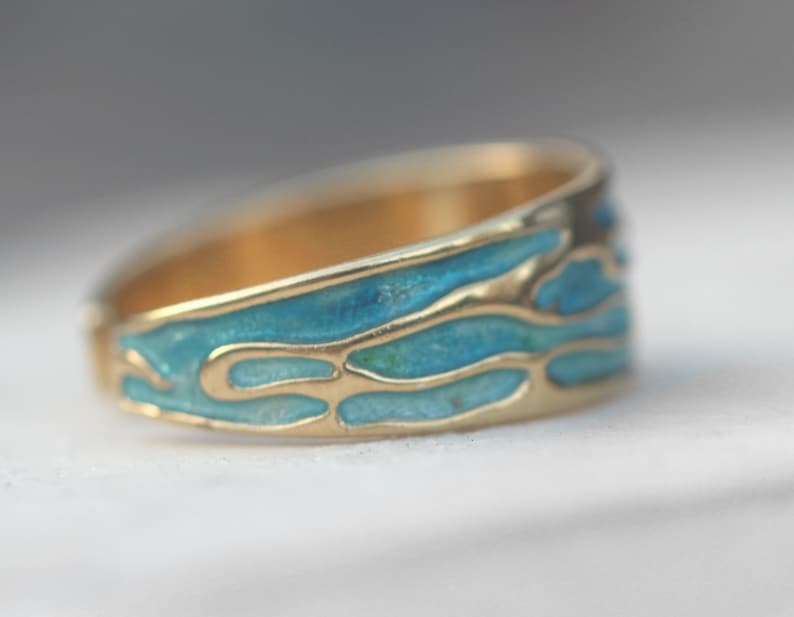 Ocean Ring. 18k gold plated sterling silver. Enamel in shades of turquoise. Unique handmade ring for women. Waterproof. image 3