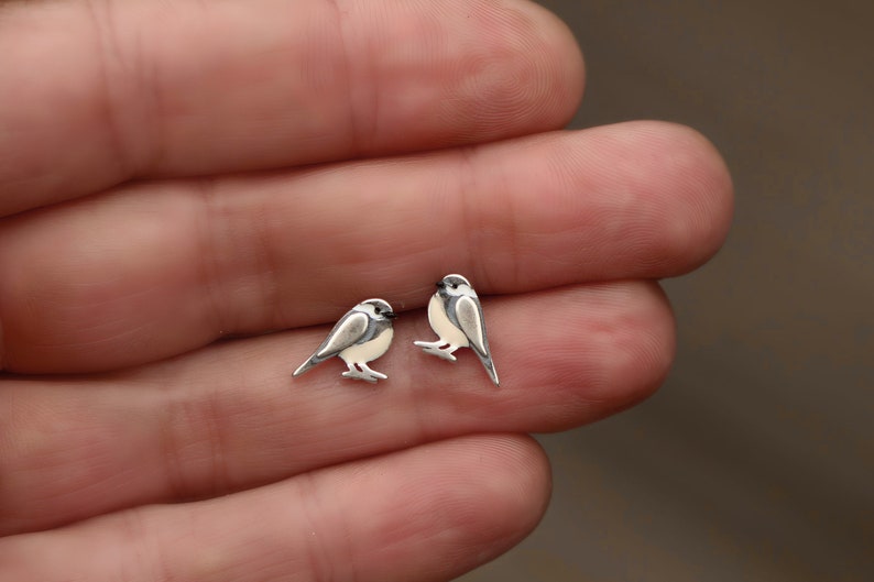 Puede incluir: Un par de pendientes de bot&oacute;n de plata en forma de p&aacute;jaro. Los p&aacute;jaros miran hacia la derecha y tienen detalles blancos y grises.