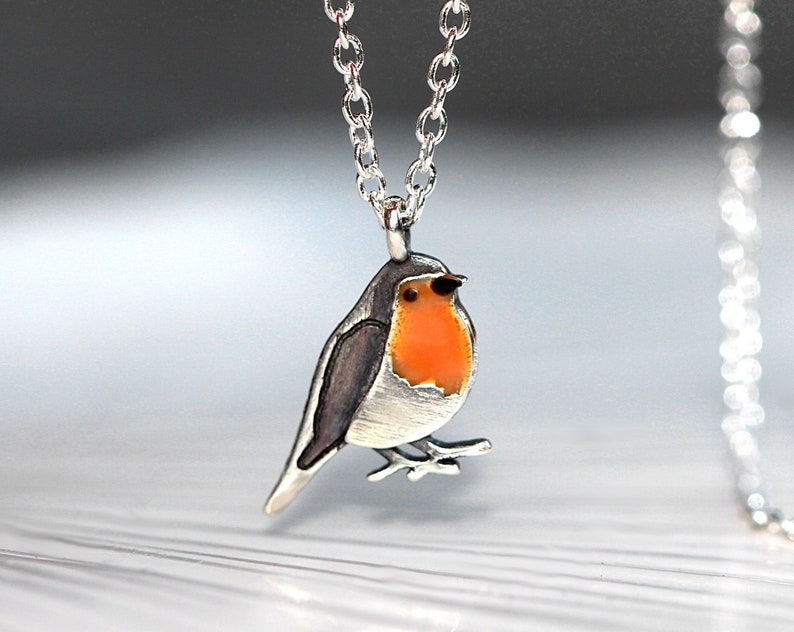 Dainty Robin Bird necklace. Sterling Silver and orange enamel. Nature inspired gift for her. image 1