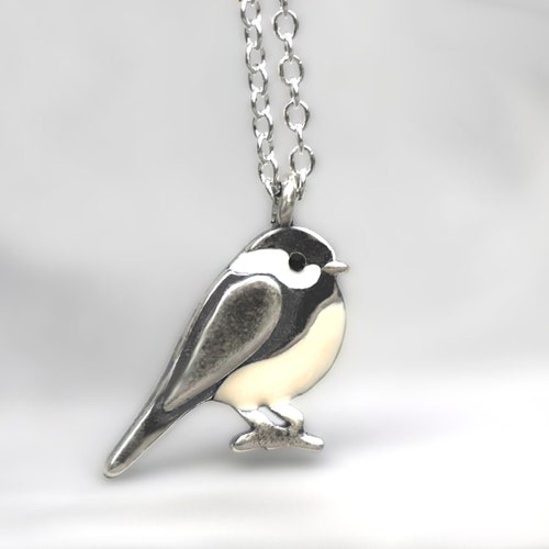 Dainty Chickadee bird necklace. Sterling Silver & beige and white enamel. Black capped chickadee. Gift for nature lovers.