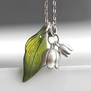 New: 925 Silver Lily of the Valley Necklace with real leaf in resin. Unique wildflower botanical necklace for her.
