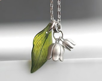 New: 925 Silver Lily of the Valley Necklace with real leaf in resin. Unique wildflower botanical necklace for her.