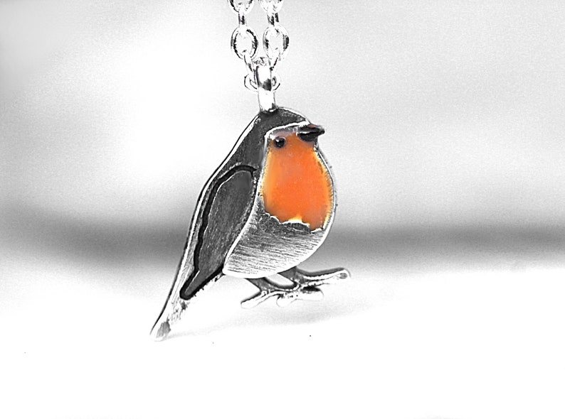 Collana delicata con uccello Robin. Argento 925 e smalto arancione. Regalo ispirato alla natura per lei. immagine 2