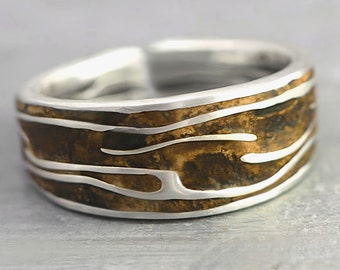 Nouveau : bague ÉCORCE D'ARBRE. Bague réglable en argent sterling avec incrustation en bois. Bague unique inspirée de la nature faite main pour elle.