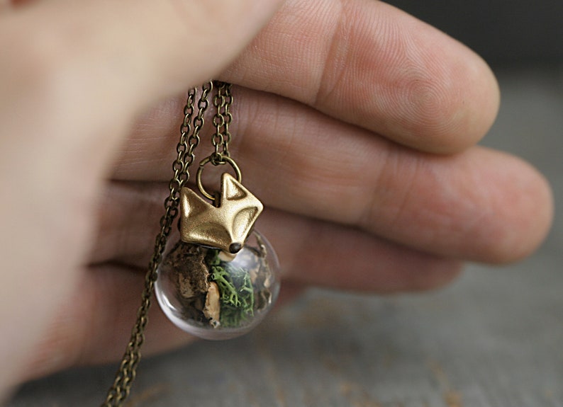 FOREST FOX Necklace. Handgilded fox head. Glass orb with real moss and tree bark. Bronze necklace. Gift for her. image 7