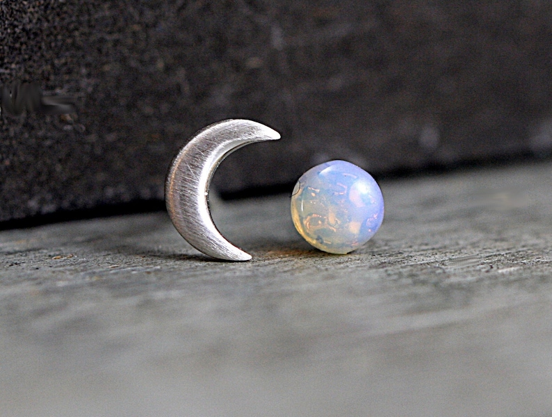 Sterling Crescent Moon and glass opal stud earrings. Mismatched dainty earrings for her. Bridal earrings, bridesmaid. 