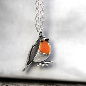 Dainty Robin Bird necklace. Sterling Silver and orange enamel. Nature inspired gift for her. image 5