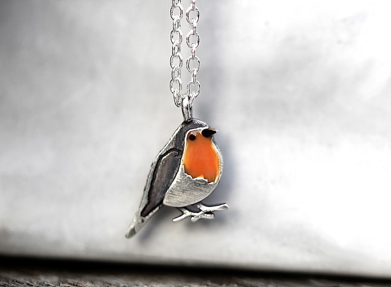 Dainty Robin Bird necklace. Sterling Silver and orange enamel. Nature inspired gift for her. image 5