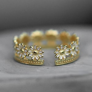 Daisy Ring. Gold over sterling and white enamel. Dainty adjustable flower ring. Stackable. Best gifts for her. Unique jewelry. image 5