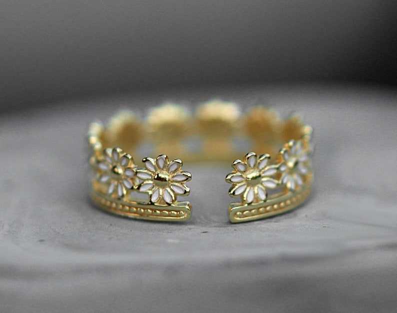 Daisy Ring. Gold over sterling and white enamel. Dainty adjustable flower ring. Stackable. Best gifts for her. Unique jewelry. image 5